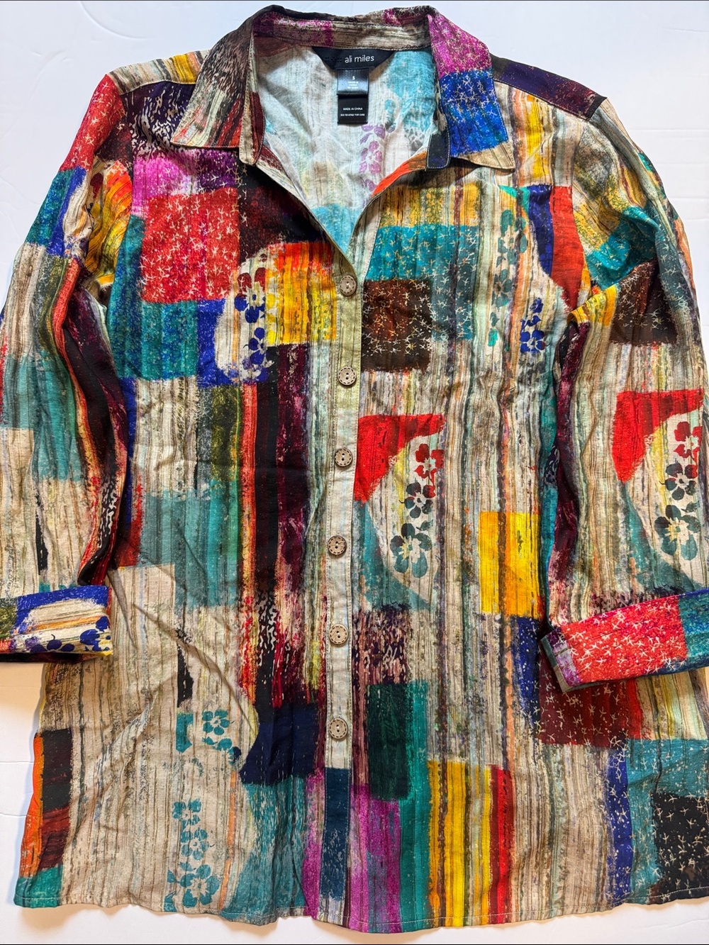 Ali Miles Multicolor Patchwork Collared Button Shirt